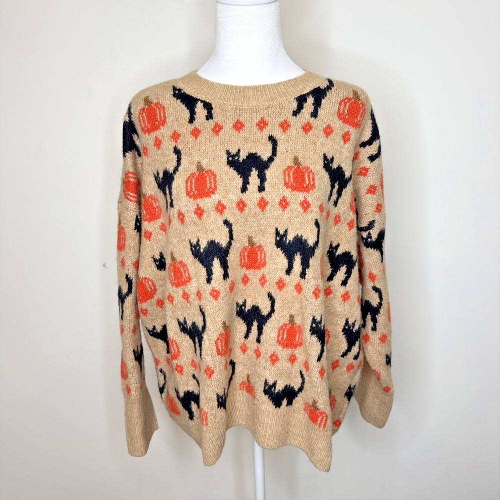 Vince Camuto Halloween Cat Pumpkin Fall Knit Sweater Chunky Tan AOP Women's L